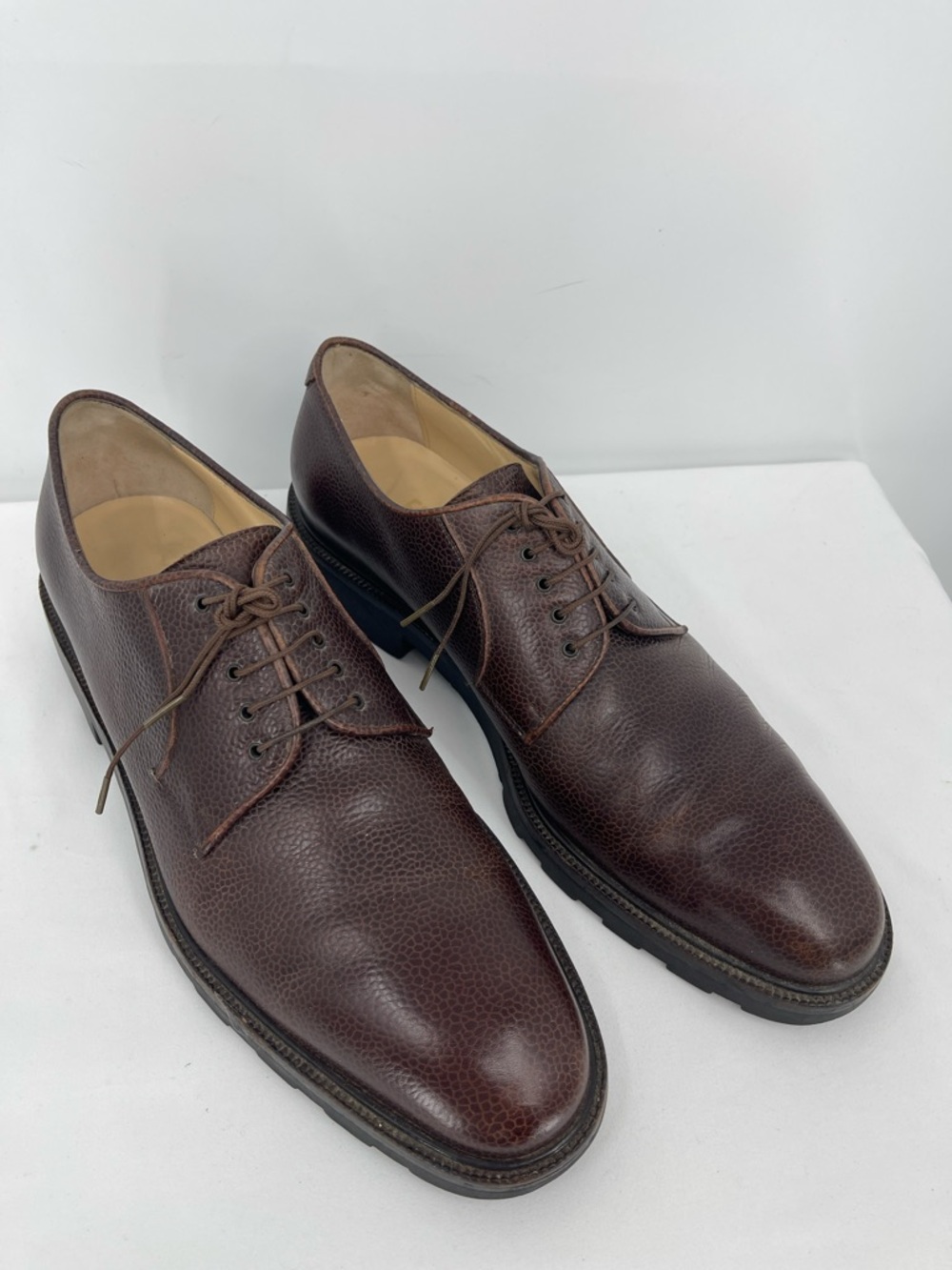 Salvatore Ferragamo Dark Brown Pebbled Leather Derby Shoes